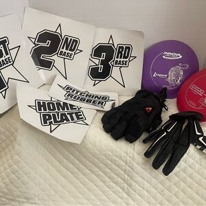 Box Of Slightly Use Outdoor Sports Items & Games Frisbees, Base Markers, Gloves